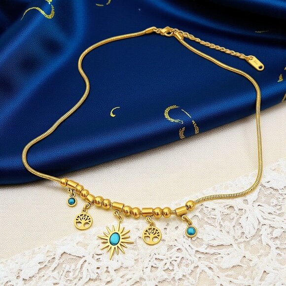 🆕18K Gold Plated Stainless Steel Turquoise Necklace Sun Tree Of Life Charms - Picture 3 of 15